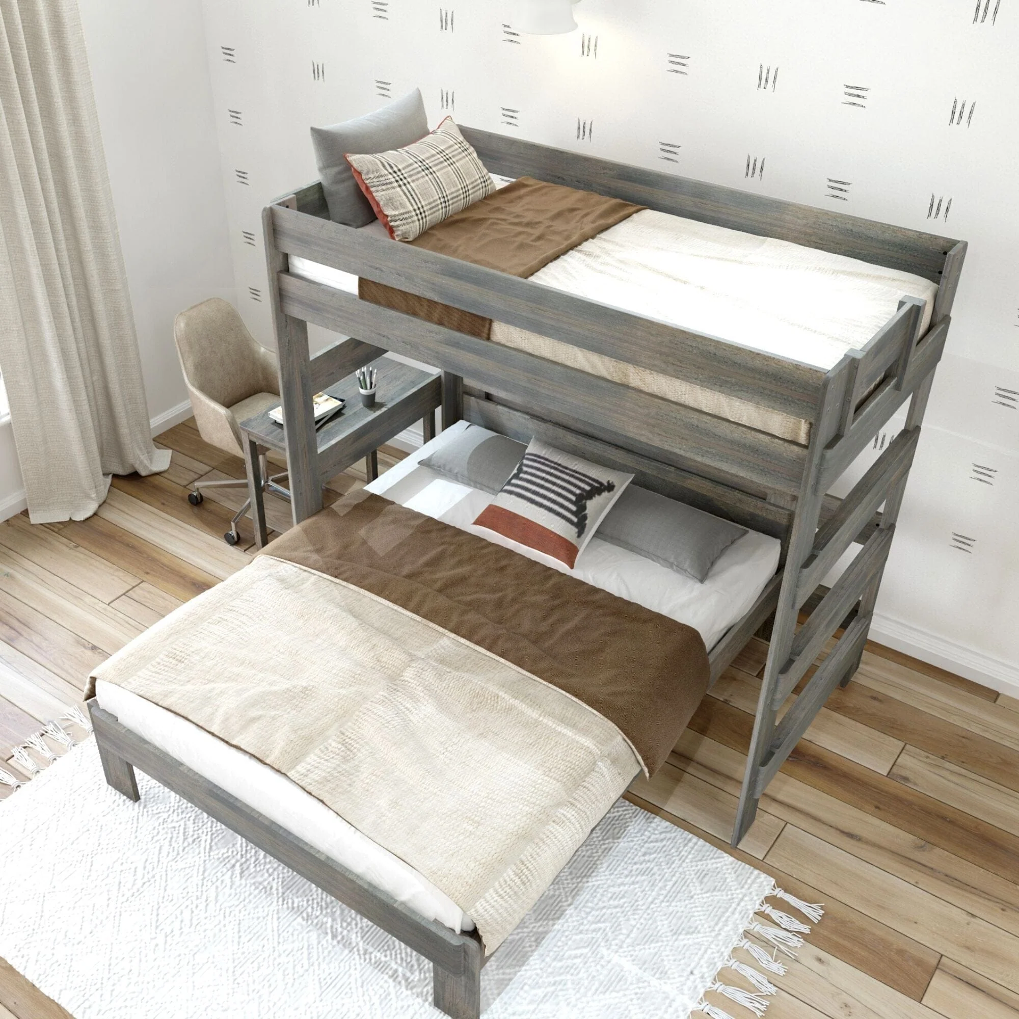 Rustic Twin/Queen L-Shaped Bunk Bed + Desk - Image 6