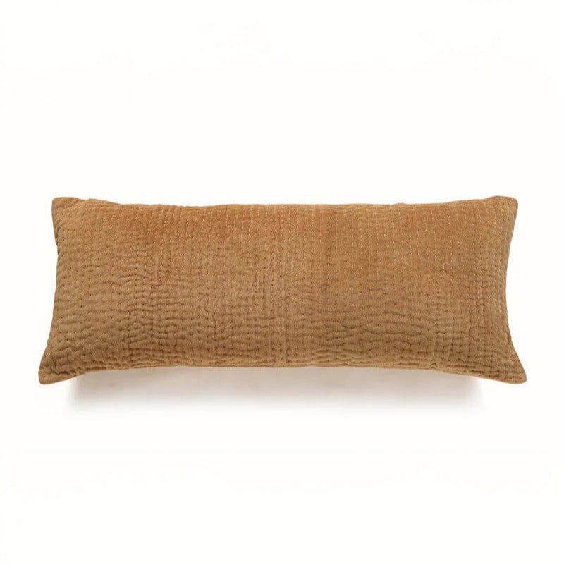 Velvet Kantha Handmade Lumbar Pillow Clay-12x30 Inch by The Artisen