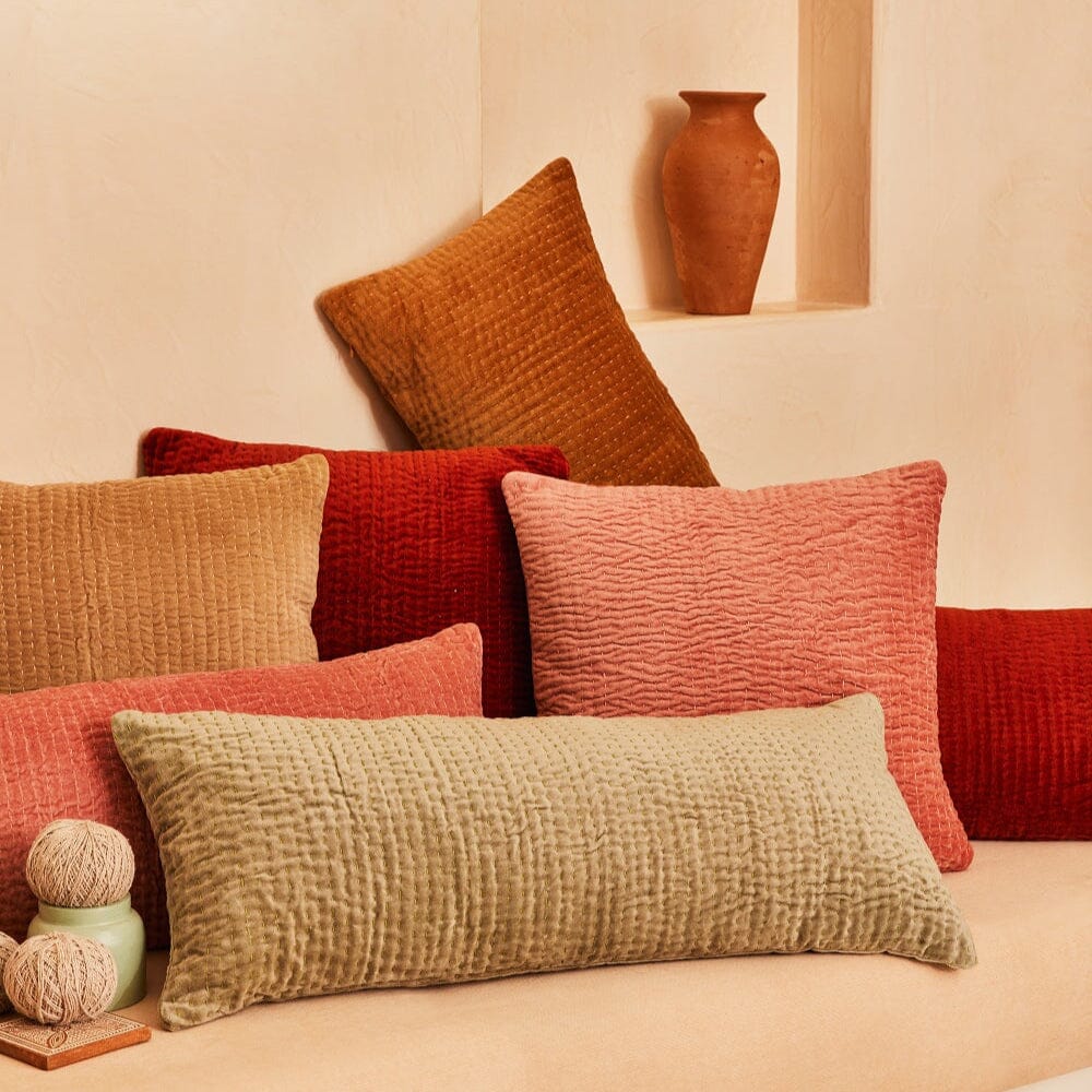 Velvet Kantha Handmade Lumbar Pillow Clay-12x30 Inch by The Artisen - Image 8