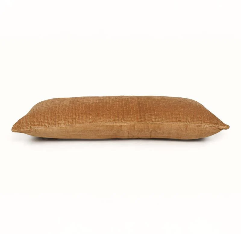 Velvet Kantha Handmade Lumbar Pillow Clay-12x30 Inch by The Artisen - Image 9